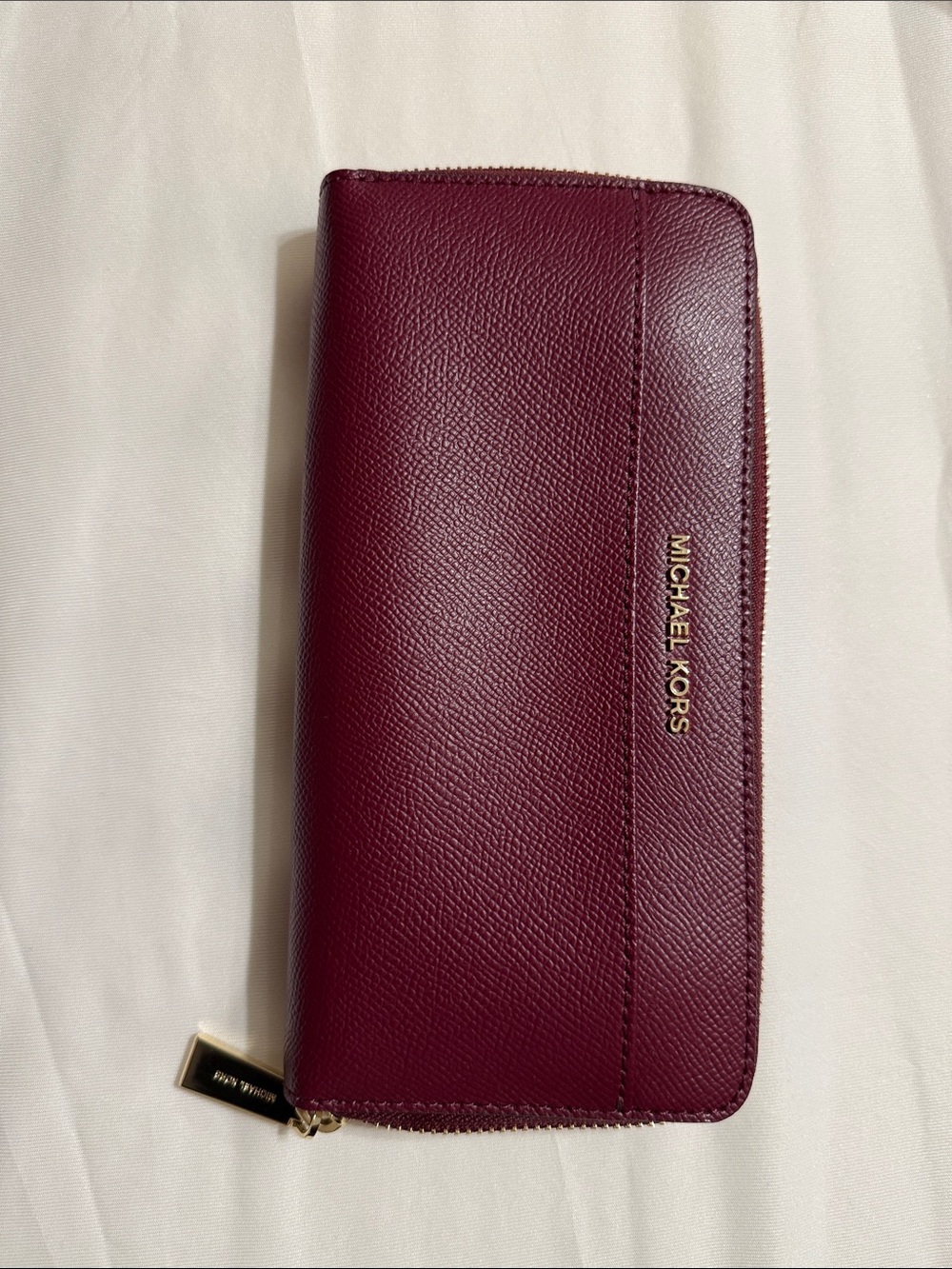 Michael Kors Wine Saffiano Zip-Around Wallet with Gold Hardware